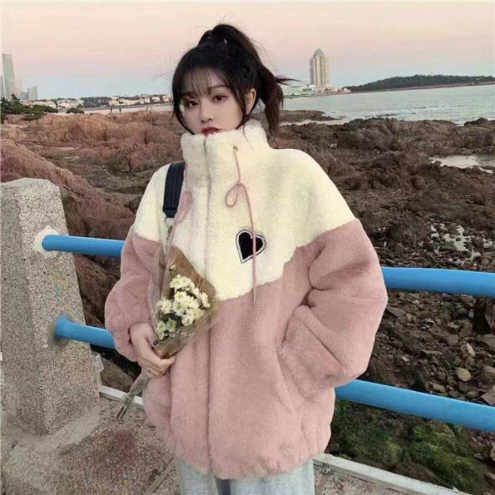 (pink, Medium) 2025 Lambskin Women's Korean-Style Loose Thick Jacket for Junior High Students, Autumn/Winter.