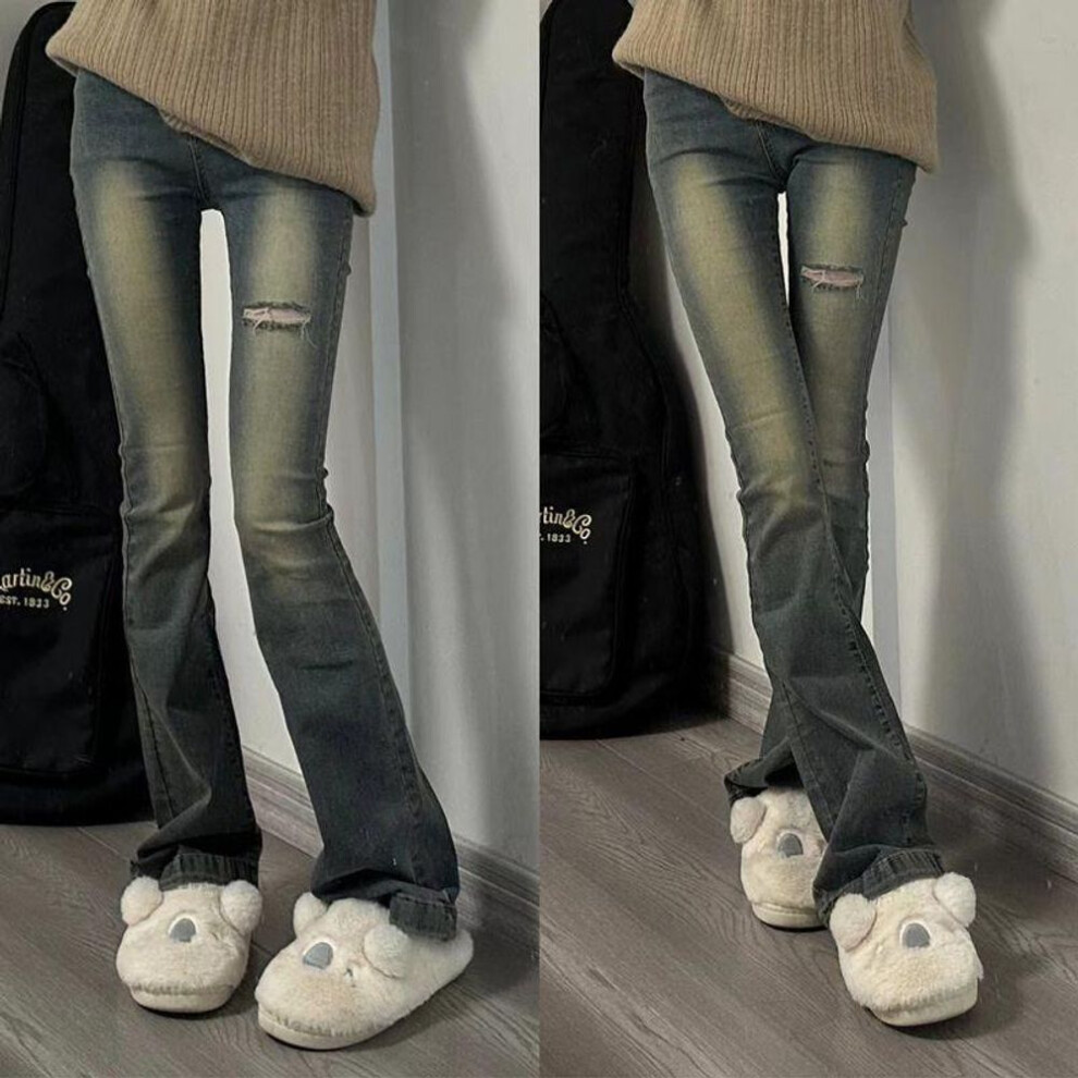 (Large) Women's High-waist Retro Blue Ripped Slim Fit Flared Jeans - 2023 Spring Trend