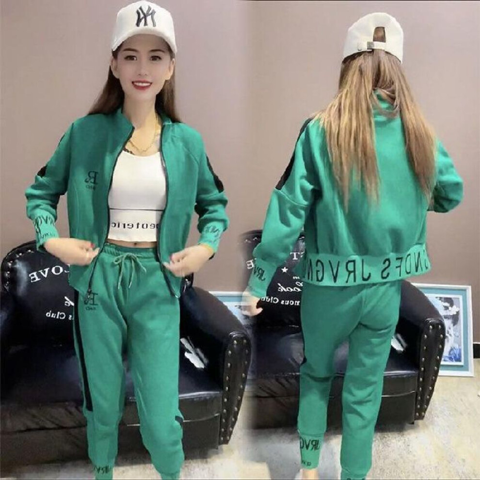 (green, 2XL) Seven-color Women's Two-piece Set: Zippered Sweater Jacket + Cuffed Harem Pants For Spring, Autumn, Winter.