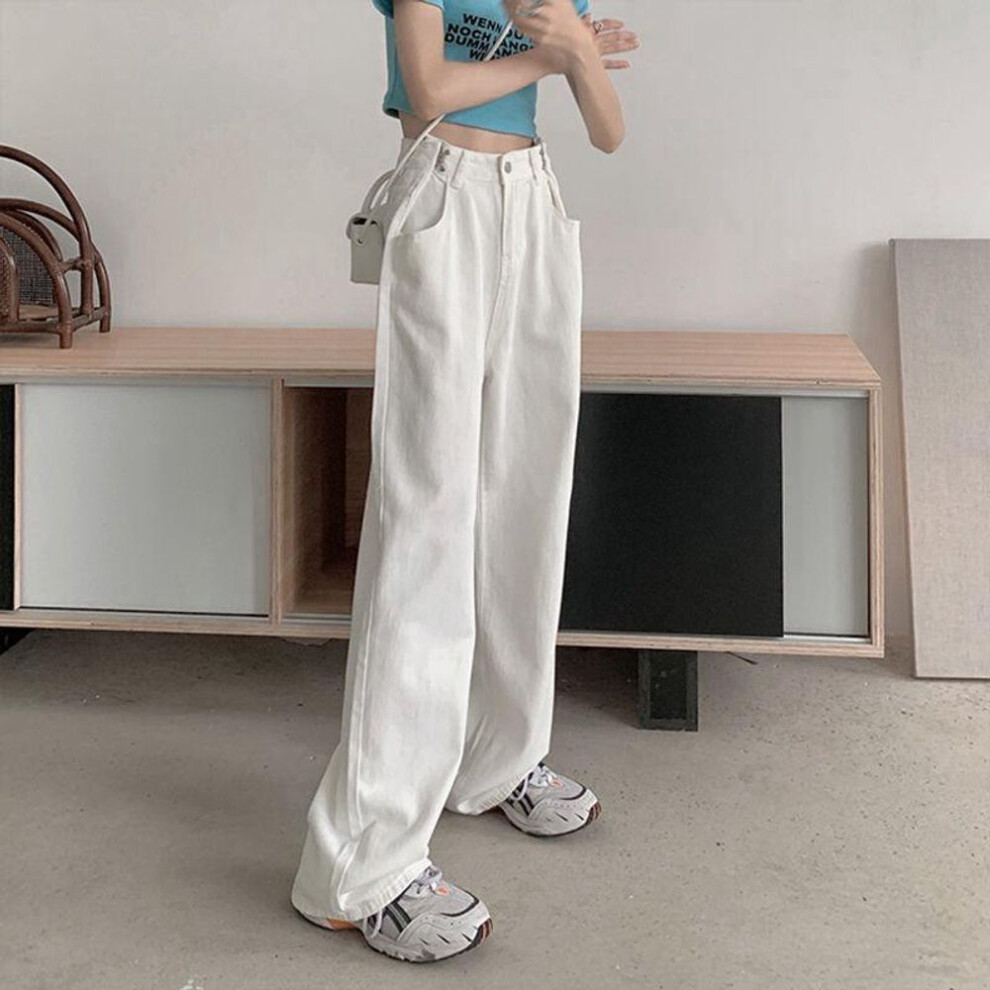 (white, Small) Women's High-waist White Wide-leg Jeans, Autumn 2021 - Loose, Straight, And Long Draped Casual Pants