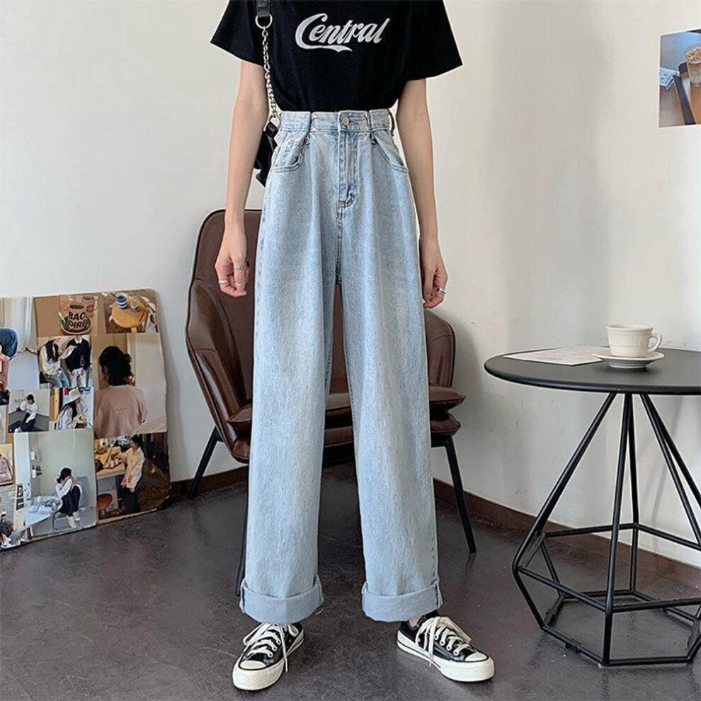 (light blue, Large) Women's High-waist White Wide-leg Jeans, Autumn 2021 - Loose, Straight, And Long Draped Casual Pants
