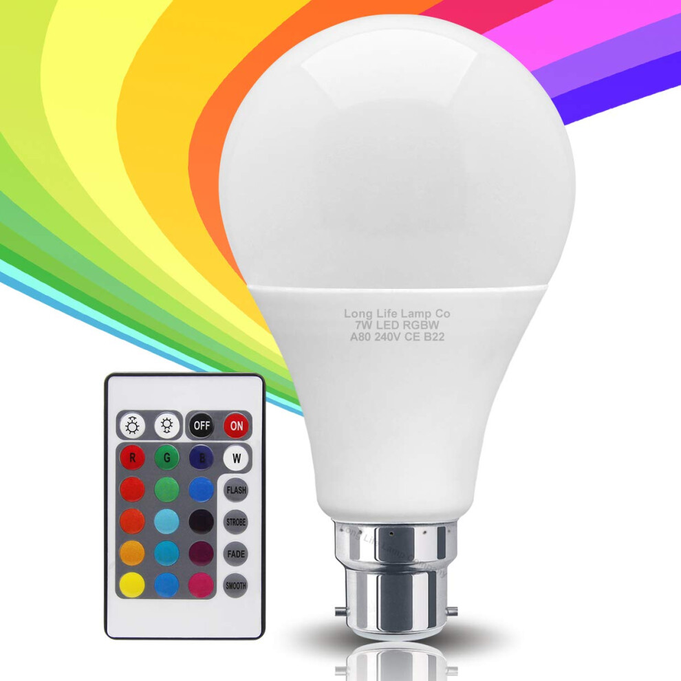 Long Life Lamp Company Remote Controlled Colour Changing 7W LED Light Bulb B22 A80 with Colour Memory-image-OPC-PGC9YXS-NEW