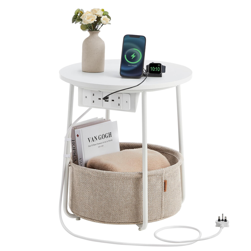 VASAGLE Side Table with Charging Station, Round End Table with Power Outlets, USB Ports, Fabric Basket, Living Room, Bedroom, Bedside Table, Modern,