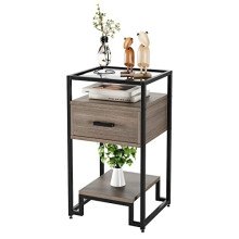 Senfot Nightstand, End Table with Storage Drawer and 3-Tier Storage & Tempered Glass Top, Bedside Furniture with Steel Frame, Side Table for Bedroom,