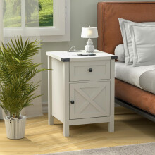 Farmhouse Nightstand with Charging Station, White Side Table, Rustic End Table with Barn Door and Drawer, Rustic Floating Nightstands Modern Bed Side