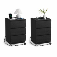 VASAGLE Bedside Table with Charging Station, Set of 2, Side End Tables with 3 Drawers, 2 AC Outlets, 2 USB Ports, Bevelled Drawer Fronts, for Living
