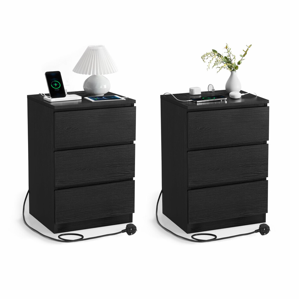 Vasagle Bedside Table With Charging Station, Set Of 2, Side End Tables With 3 Drawers, 2 Ac Outlets, 2 Usb Ports, Bevelled Drawer Fronts, For Living