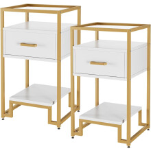 Nightstand Set of 2, End Table with Storage Drawer and 3-Tier Storage & Tempered Glass Top, Bedside Furniture with Steel Frame, Side Table for