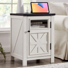 JXQTLINGMU Farmhouse Nightstand with Charging Station - Modern Bed Side Table with 3-Tier Storage, Adjustable Feet - Rustic End Table for Bedroom,