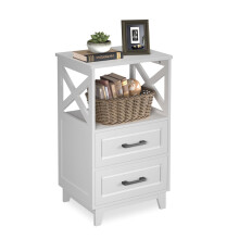 May in Color White Nightstand, Farmhouse Side Table with Storage Drawers and Open Shelf, Wooden Rustic End Table Cabinet for Bedroom, Living Room?
