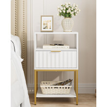 HEYZOEY Bedside Table,Side Table with Gold Frame,Tall White Bedside Table,Bedside Furniture,3-Tier Storage End Table,Nightstand for Bedroom,Living