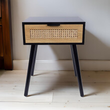 Black Bedside Table 1 Storage Drawer Vintage Cane Wooden Side Table, End Table Bedroom, Lounge & Living Room Furniture