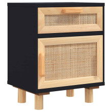 vidaXL Bedside Cabinet - Classic Black Solid Wood End Table with Drawer, compartments, Sturdy Top and Natural Rattan Design for Elegant Home Decor
