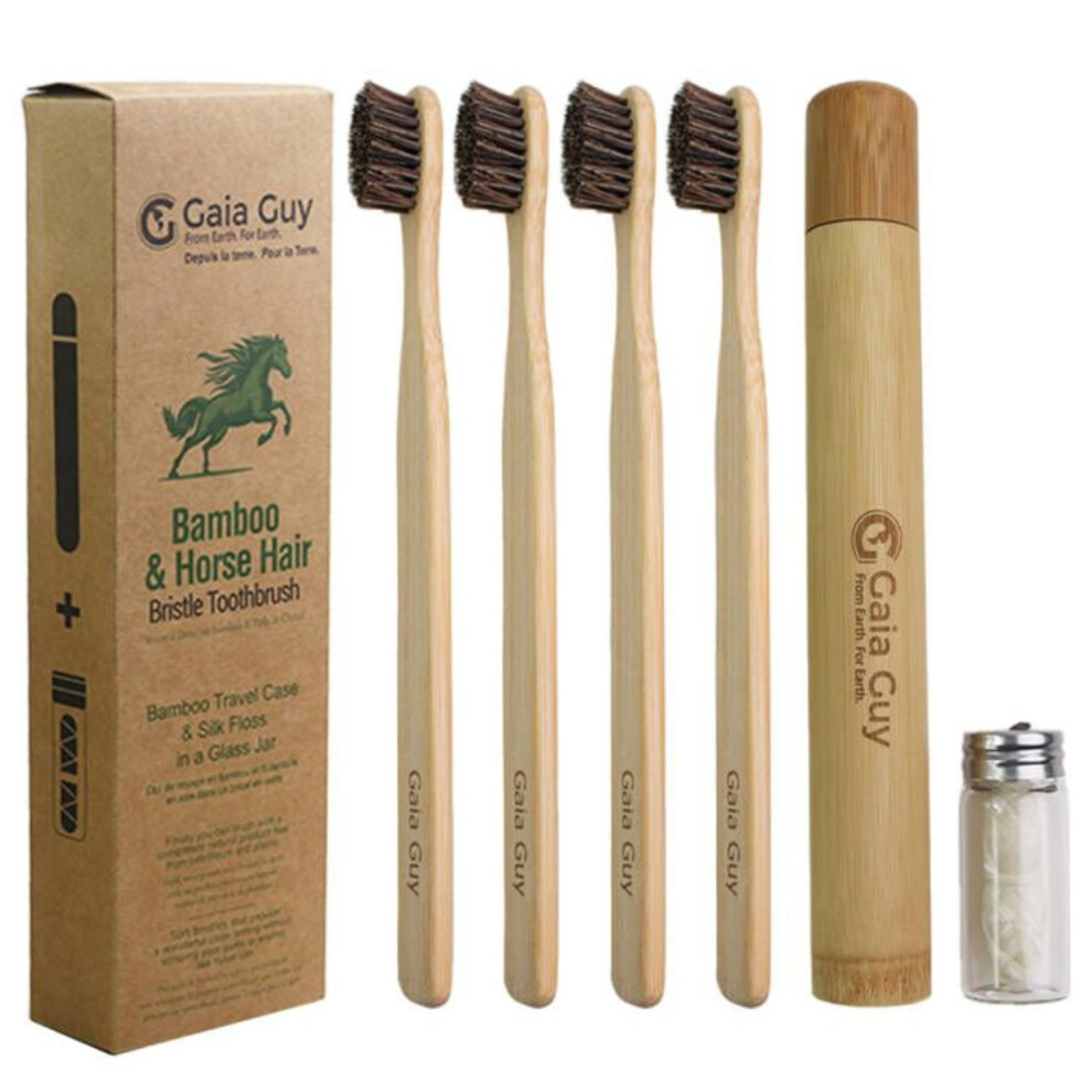 Gaia Guy Bamboo And Horsehair Bristle Toothbrush (4 Pack) + Travel Case & Silk Dental Floss | 100% Compostable Bristles And Floss | Eco-Friendly