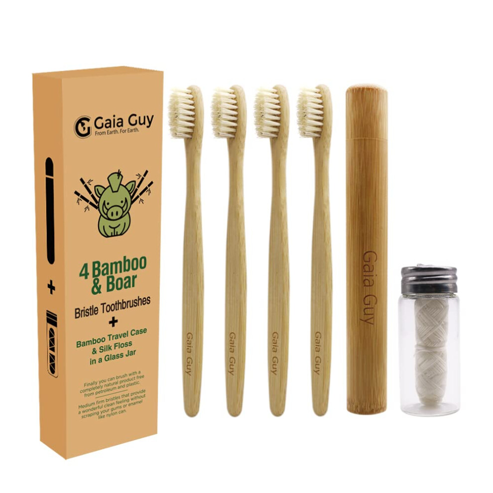 Gaia Guy Bamboo And Boar Bristle Toothbrush (4 Pack) + Travel Case & Silk Dental Floss | 100% Compostable Bristles And Floss | Eco-Friendly Dental Set