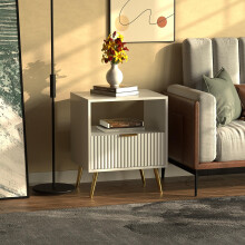 Free Standing White Wooden Chic Fluted Bedside Sofa End Table Nightstand With Metal Golden Legs & Drawer For Bedroom Living Room Home