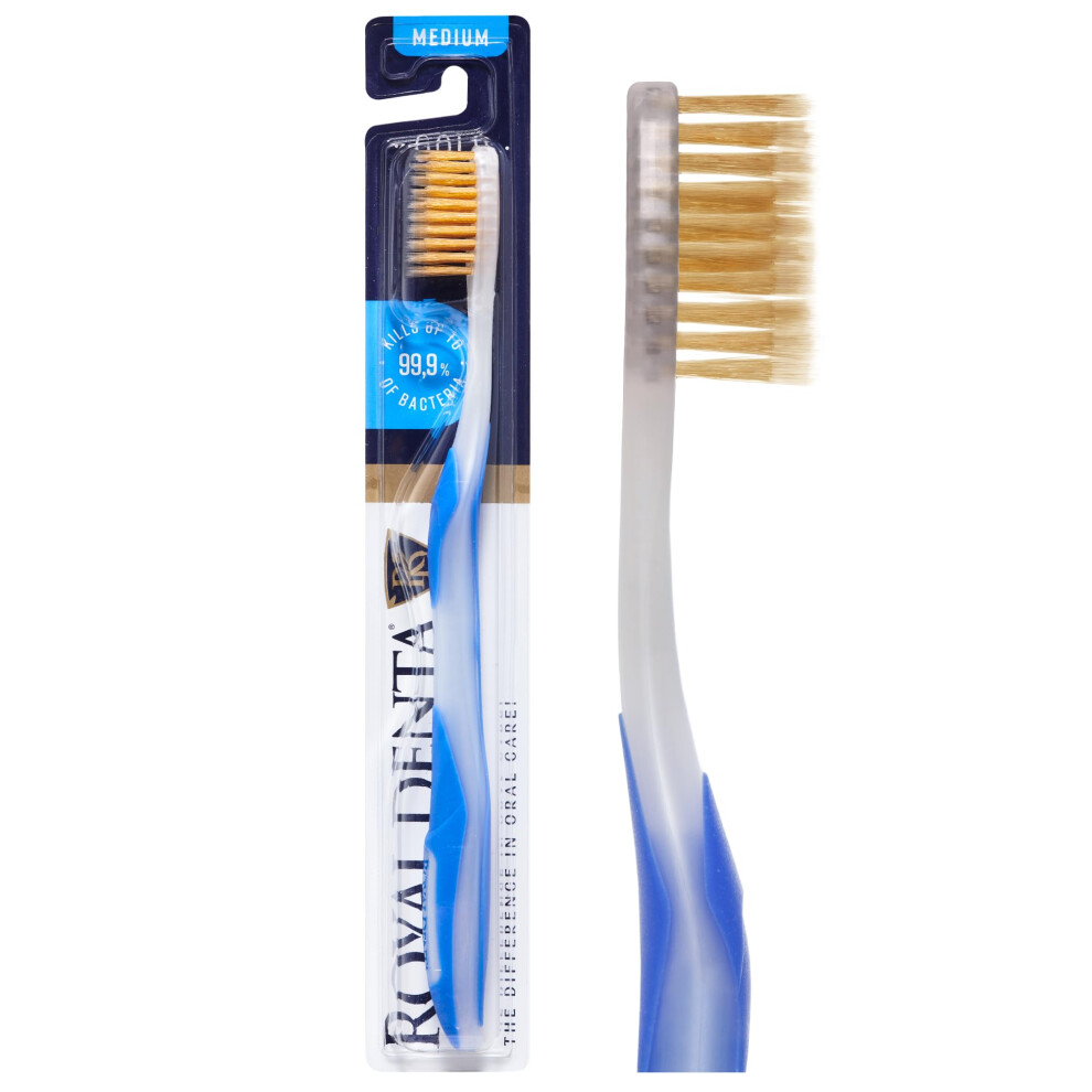 Royal Denta Gold/Blue Manual Medium Toothbrush For Adults, Flossing Toothbrush With