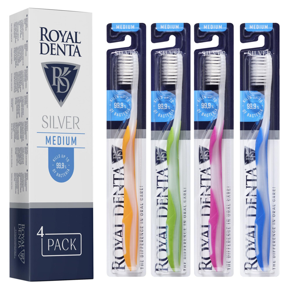 Royal Denta Silver Medium Toothbrushes Multipack, Flossing Toothbrush, Particles Against Bacteria, Multi-Colour,