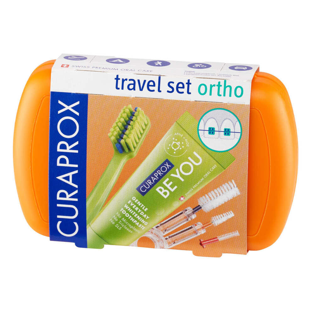 Curaprox Orange Travel Set Ortho Travel Toothbrush, Interdental Brush, Toothpaste 10Ml, Travel Box