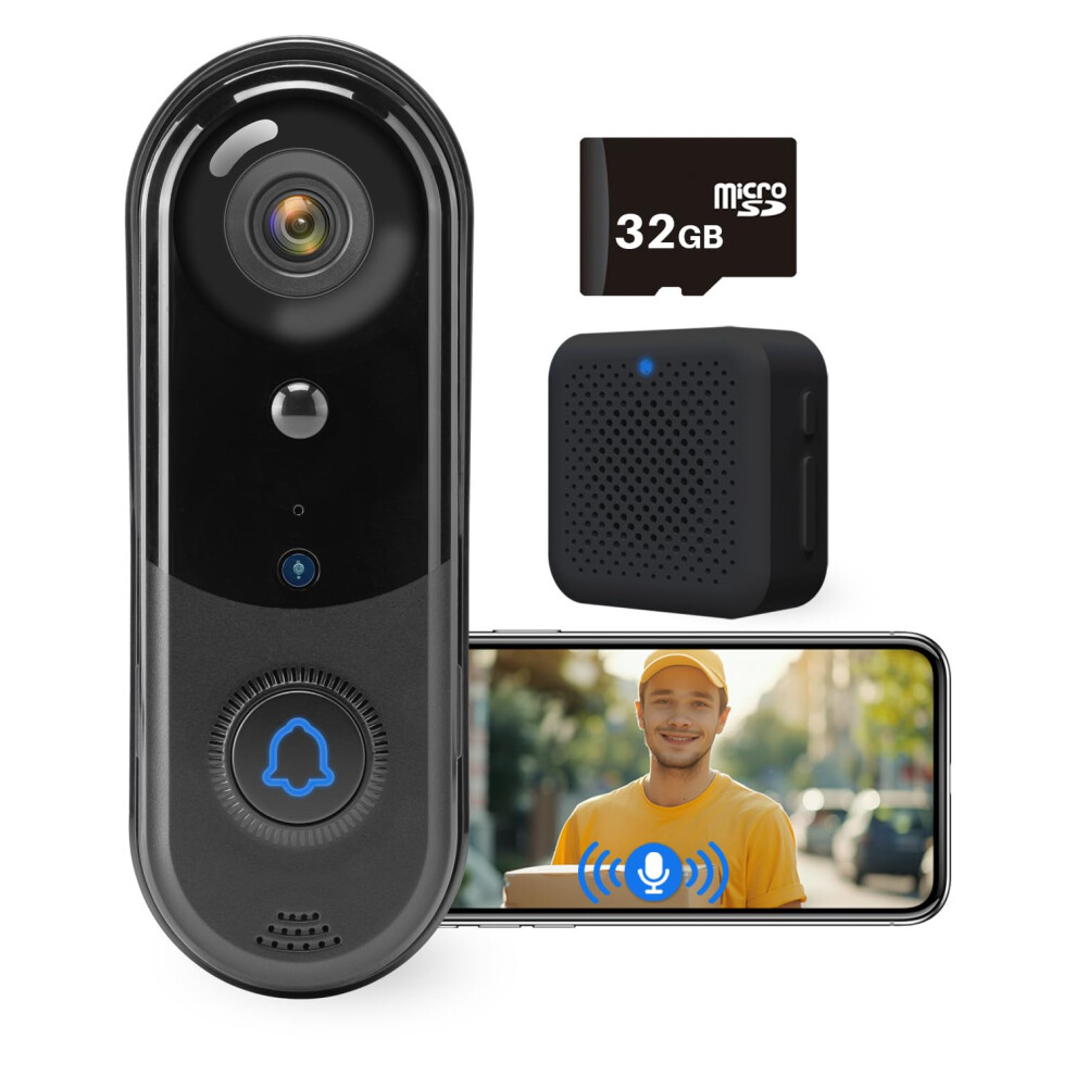 1080P Video Doorbell Camera with 32 GB SD Card, Wireless Doorbell Camera Outdoor, No Monthly Fee, indoor chime, 2.4G WiFi, IP65 Waterproof, Night