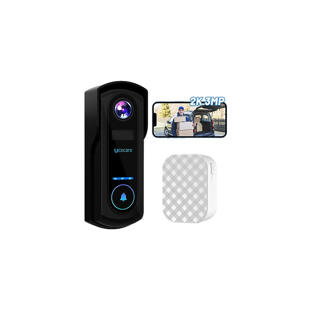 Ucocare Video Doorbell Wireless With Chime, 2K 3Mp Wifi Camera, 10000Mah Battery, Pir Motion Detection, Voice Message, Night Vision, 2-Way Audio, 790885555886