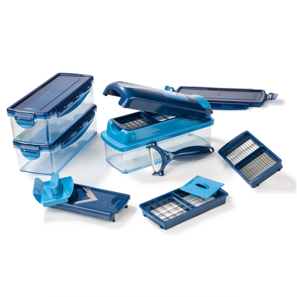 Genius Nicer Dicer Smart (14 Pieces) In - Vegetable Cutter For Cubes, Sticks, Slices, Strips And Quarters Including Recipe Book - Salad Cutter Blue
