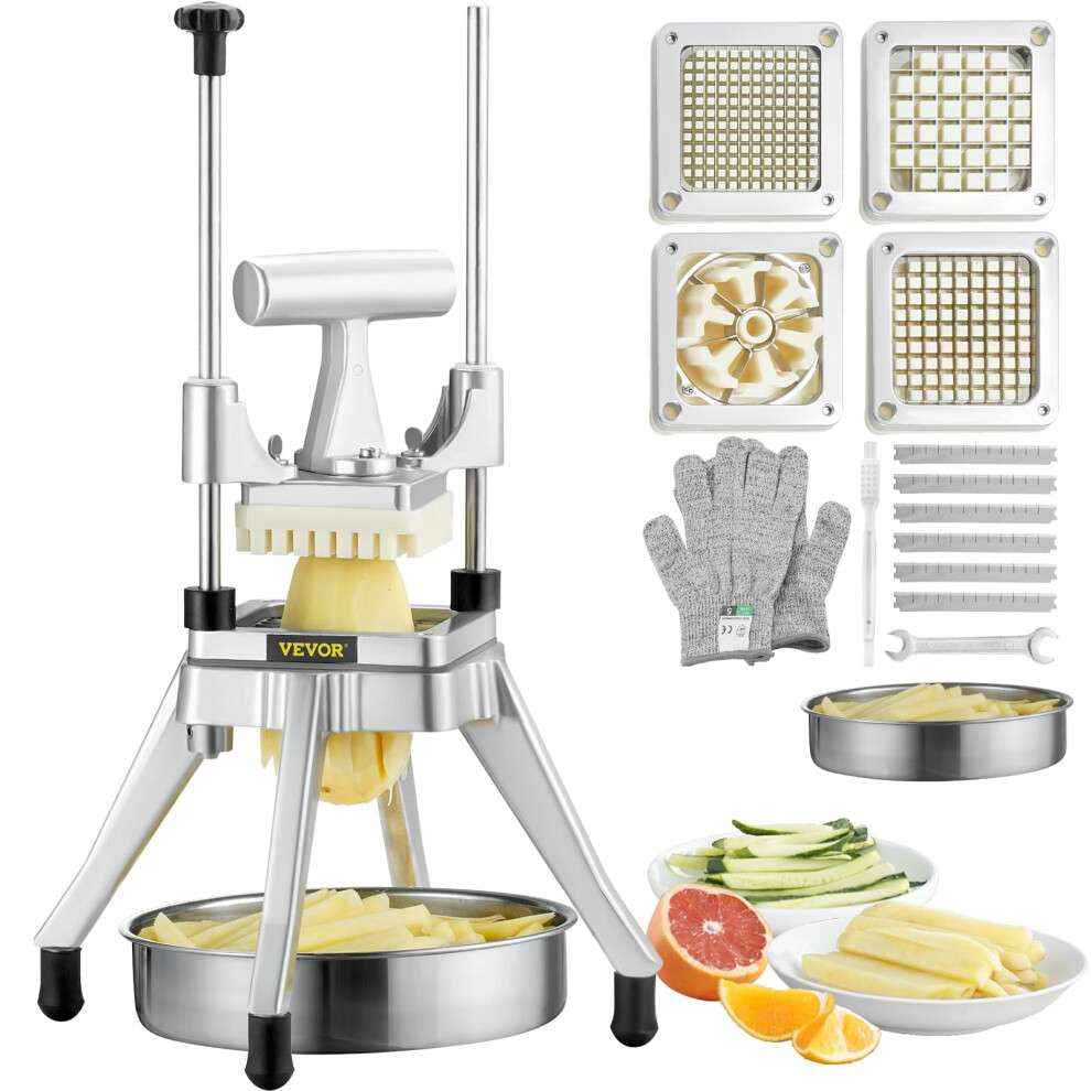 VEVOR Commercial Vegetable Fruit Chopper, Stainless Steel French Fry Cutter with 4 Blades 1/4" 3/8" 1/2", 6-wedge Slicer, Chopper Dicer with Tray,