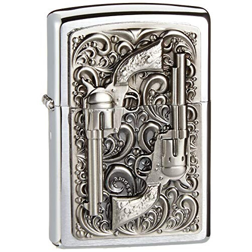 Zippo Zippo Lighter Revolver Emblem Brushed Chrome Windproof Flame Flip Top Refillable 1