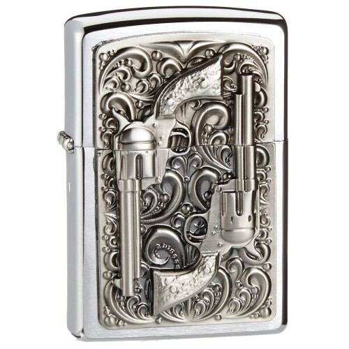 Zippo Zippo Lighter Revolver Emblem Brushed Chrome Windproof Flame Flip Top Refillable 2