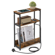 VASAGLE Slim Side Table with Charging Station, 3-Tier Narrow Bedside Table, End Table for Small Spaces, Magazine Rack, for Living Room, Bedroom,