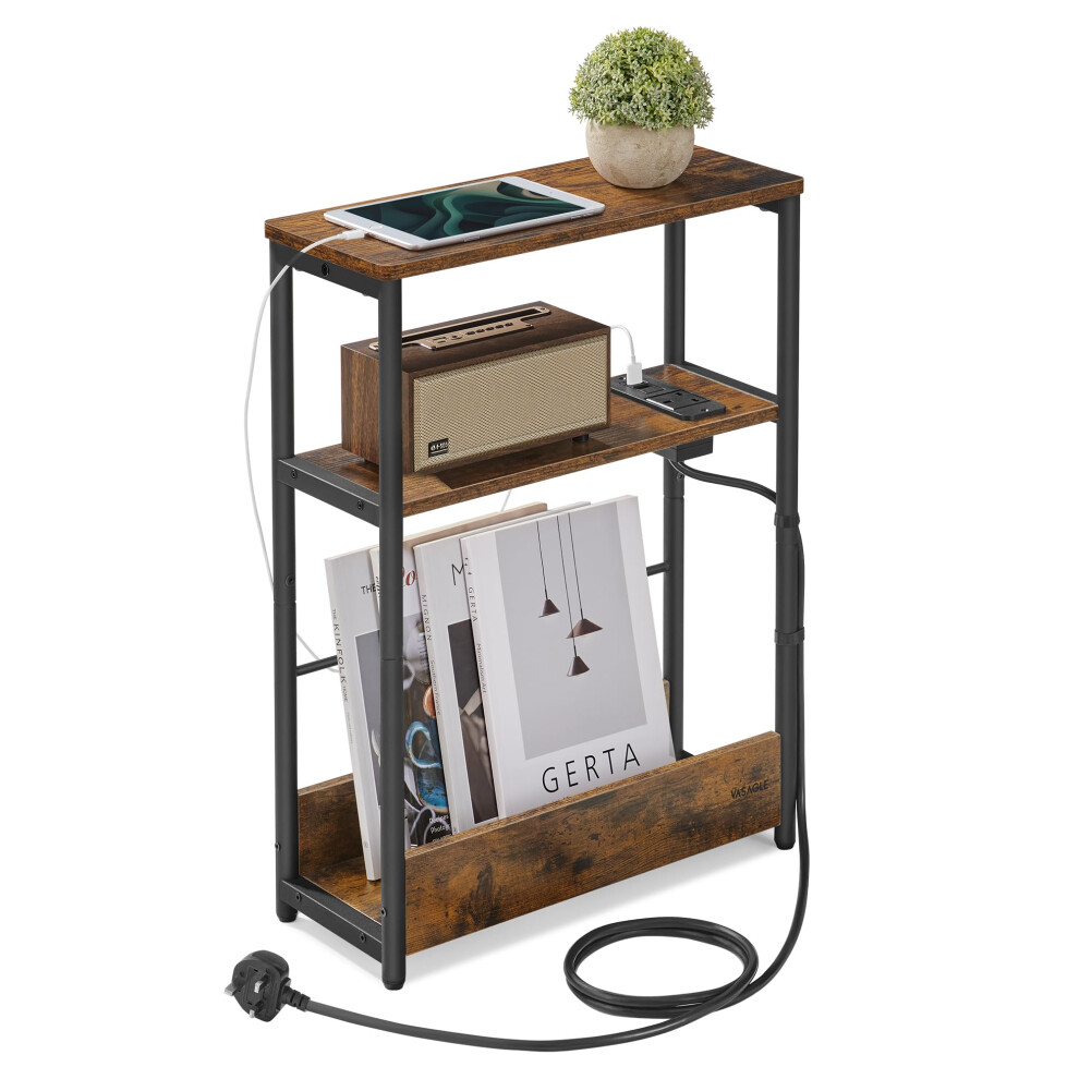 Vasagle Slim Side Table With Charging Station, 3-Tier Narrow Bedside Table, End Table For Small Spaces, Magazine Rack, For Living Room, Bedroom,