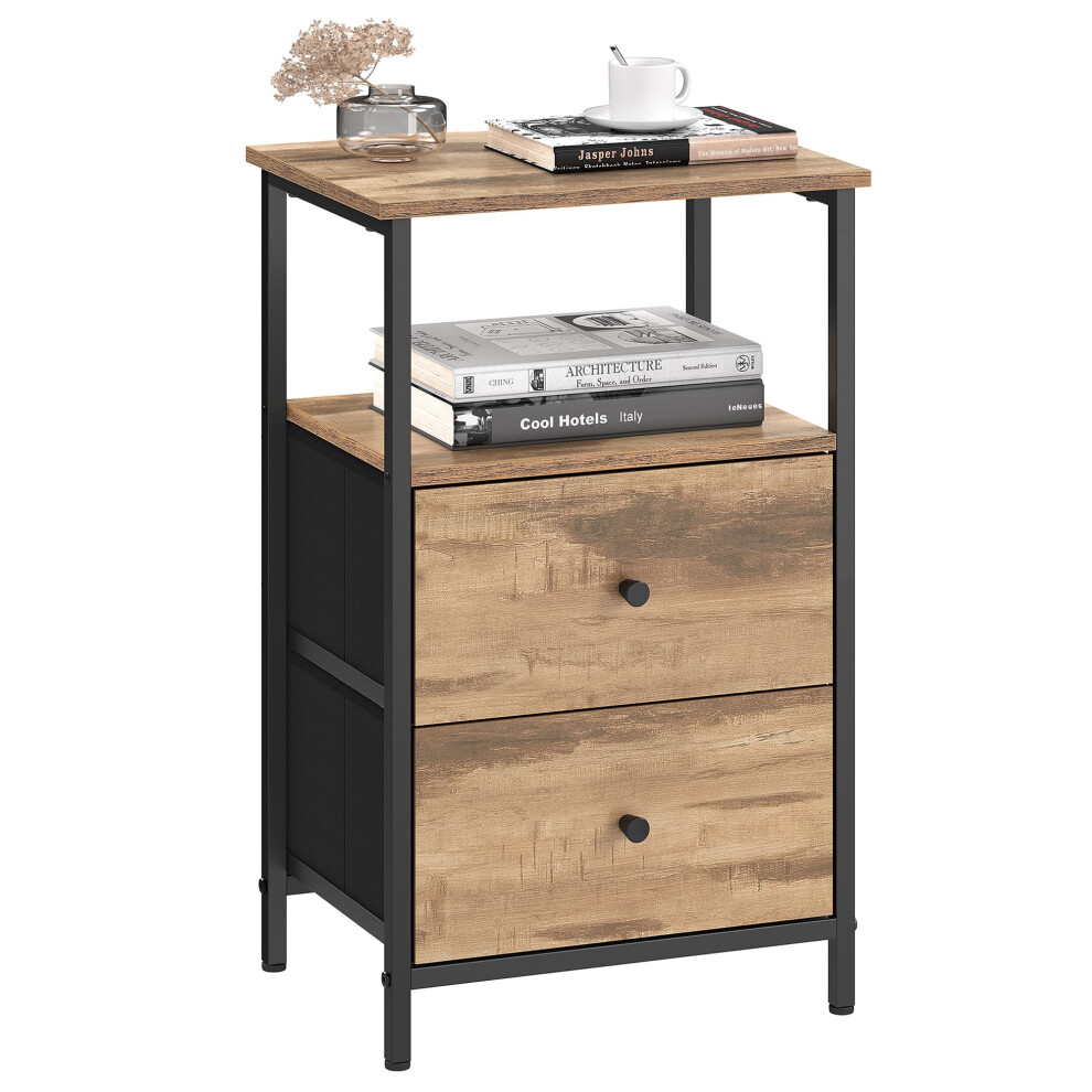 VASAGLE Nightstand, Side Table with 2 Fabric Drawers, 24-Inch Tall End Table with Storage Shelf, Bedroom, Camel Brown and Black ULGS025K50