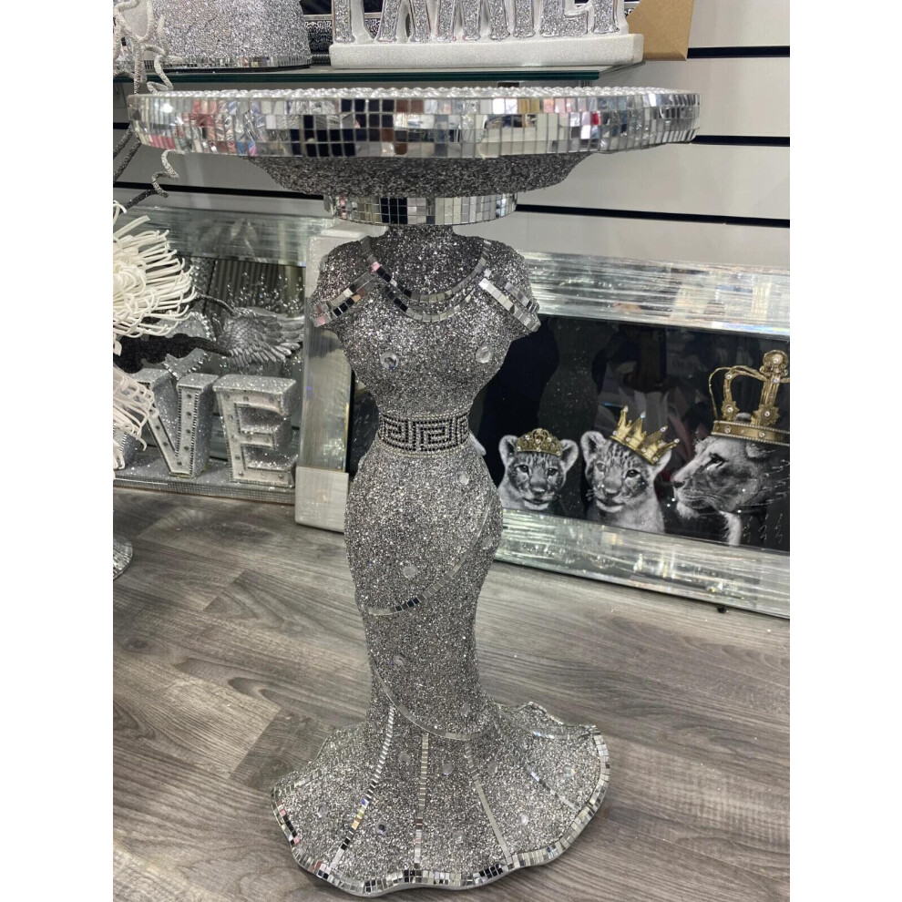 Biznest Silver Lady Mirrored Side Table Modern Plant Stands Bed Side Sparkle End Romany Pearl