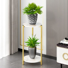 Tall Plant Rack Flower Stand Round 2 Tiers, Corner Small Coffee Table Sofa Side Table with Storage Shelf, Little White Marble Table Golden Metal Frame