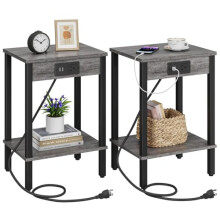 VIMBER Set of 2 End Tables with Charging Station, Narrow Side Table with USB Ports and Sockets, Bedside Tables with 2 Tier Storage Shelves, Sofa Table