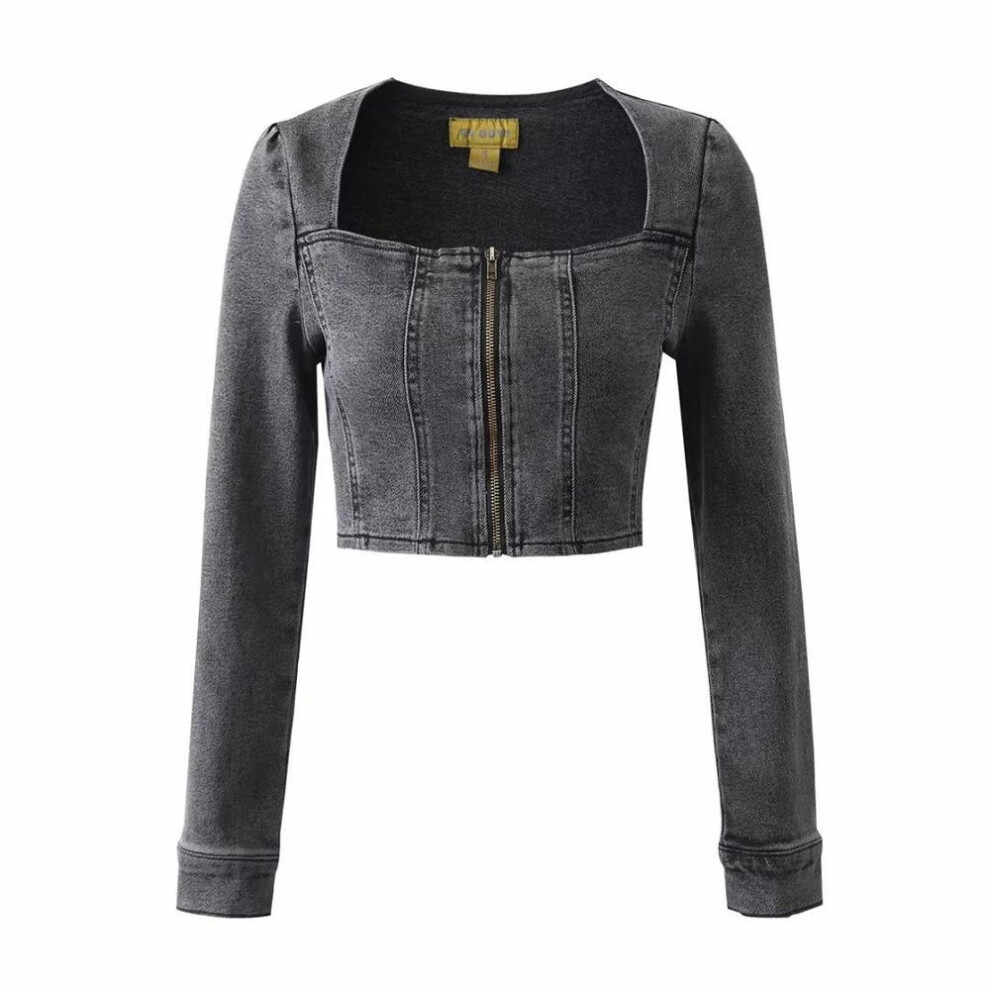 (black, Small) Early Autumn Slim Fit Square Neck Denim Jacket for Women