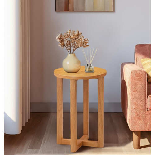 Hallowood Furniture Waverly Oak Round Side Table, Solid Wood Bedside Table, Light Oak Lamp Table, Occasional Table, Small Plant Table, Sofa Table for