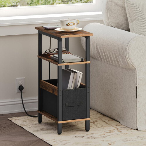 MAHANCRIS Narrow Side Table with Charging Station, 3 Tier Small End Table for Small Spaces, Slim Side Table with Storage, Thin Bedside Table for 1
