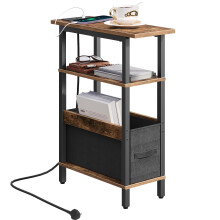 MAHANCRIS Narrow Side Table with Charging Station, 3 Tier Small End Table for Small Spaces, Slim Side Table with Storage, Thin Bedside Table for