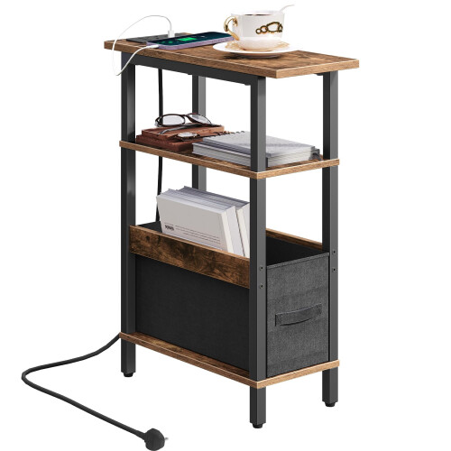 MAHANCRIS Narrow Side Table with Charging Station, 3 Tier Small End Table for Small Spaces, Slim Side Table with Storage, Thin Bedside Table for