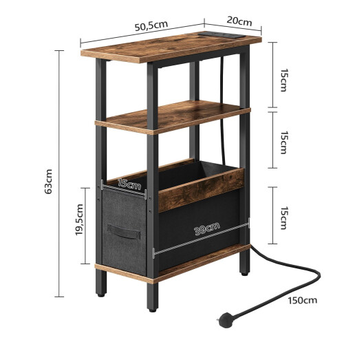 MAHANCRIS Narrow Side Table with Charging Station, 3 Tier Small End Table for Small Spaces, Slim Side Table with Storage, Thin Bedside Table for 2