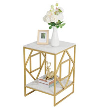 Square Side Table Marble Top: 2 Tier Geometric Rhombus Gold Frame End Tables 40 x 58cm Sintered Stone Bedsides with Sturdy Metal Legs Modern White