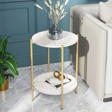 Gold End Tables 2 Tier Small Round Side Table Sintered Stone Bedsides Tables Marble End Table with Luxury Gold Frame Nordic Narrow Table,Corner Plant
