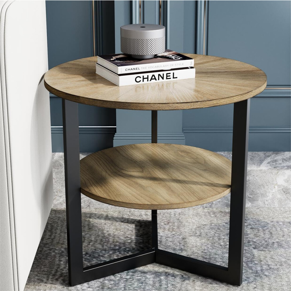 PADMA HOUSE Large End Table with Storage Shelf Rustic Circular Sofa Side Table with Black Metal Legs Solid Wood Nightstand Telephone Table for Living