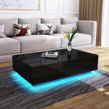 Coffee Table, Centre Table Tea Table for Living Room, Black Gloss Coffee Table with LED Lights, Rectangle Side End Table with 4 Drawers for Home