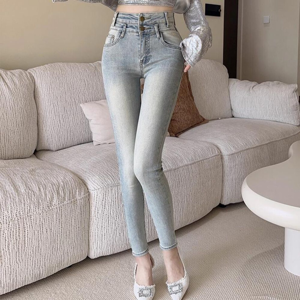 (Size 30) High-Waisted Skinny Jeans - Light Flared, Elastic, Slim Fit, New Spring/Summer American Style.