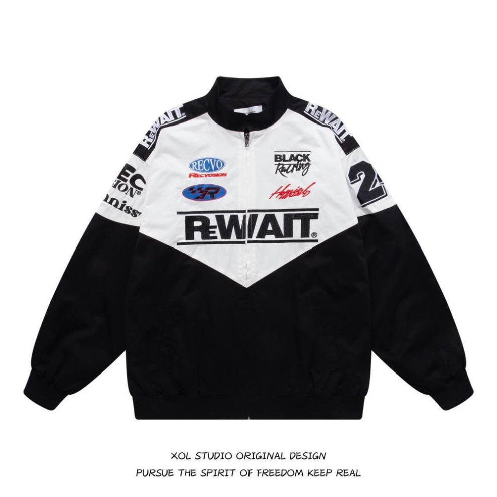 (black, L) Unisex Hong Kong Style Baseball Jacket - Embroidered Patchwork for Men & Women
