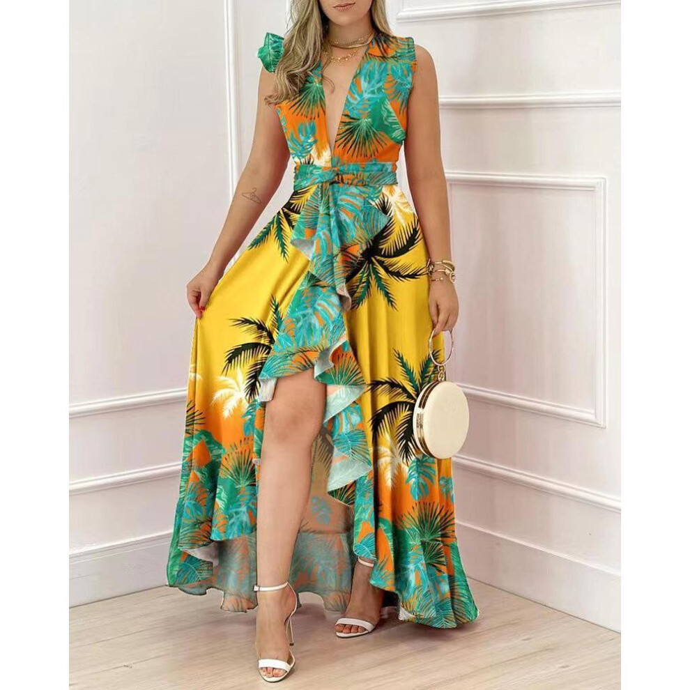 (green, XL) "2024 Spring Red Korean Sleeveless High Waist Stand Collar Printed Long Skirt Dress