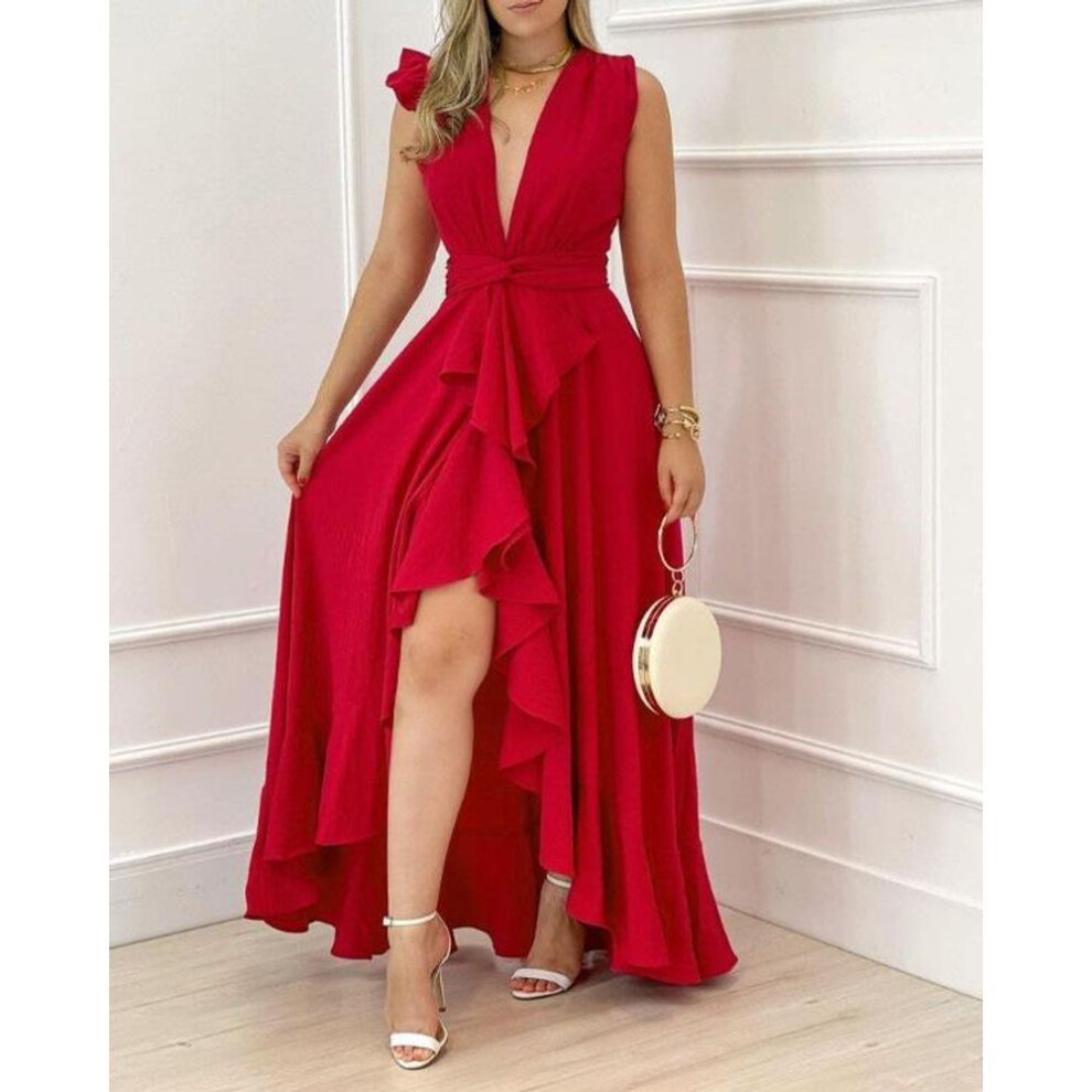 (red, S) "2024 Spring Red Korean Sleeveless High Waist Stand Collar Printed Long Skirt Dress