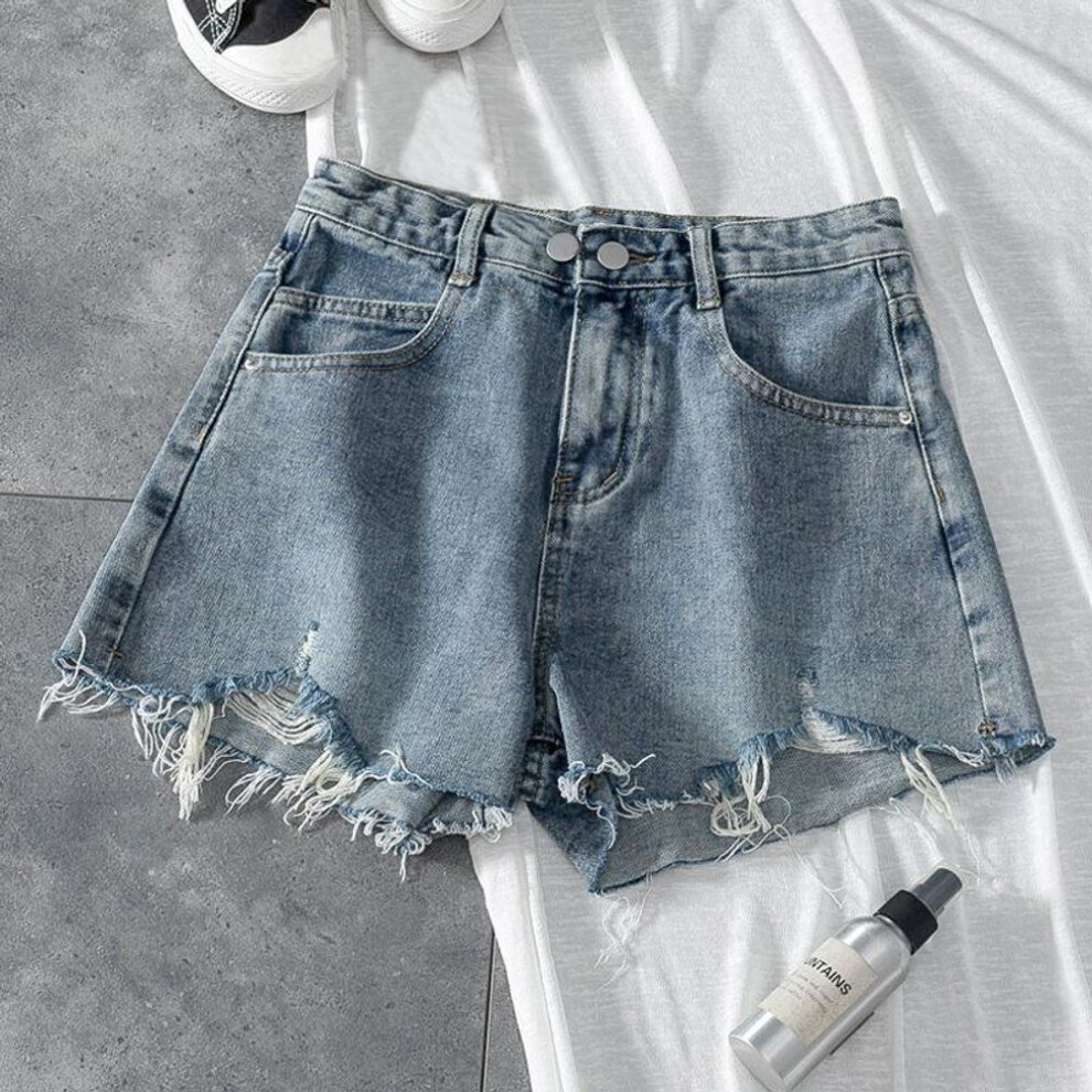 (light blue, M) Women's High-waist Ripped Denim Shorts - Summer Trend, Slimming A-line Wide-leg Style With Raw Edge